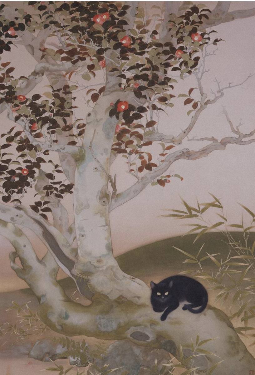 稲葉春生、老椿黒猫、希少画集画、新品額装付 能登印刷ミュージアム 老椿黒猫 | MU